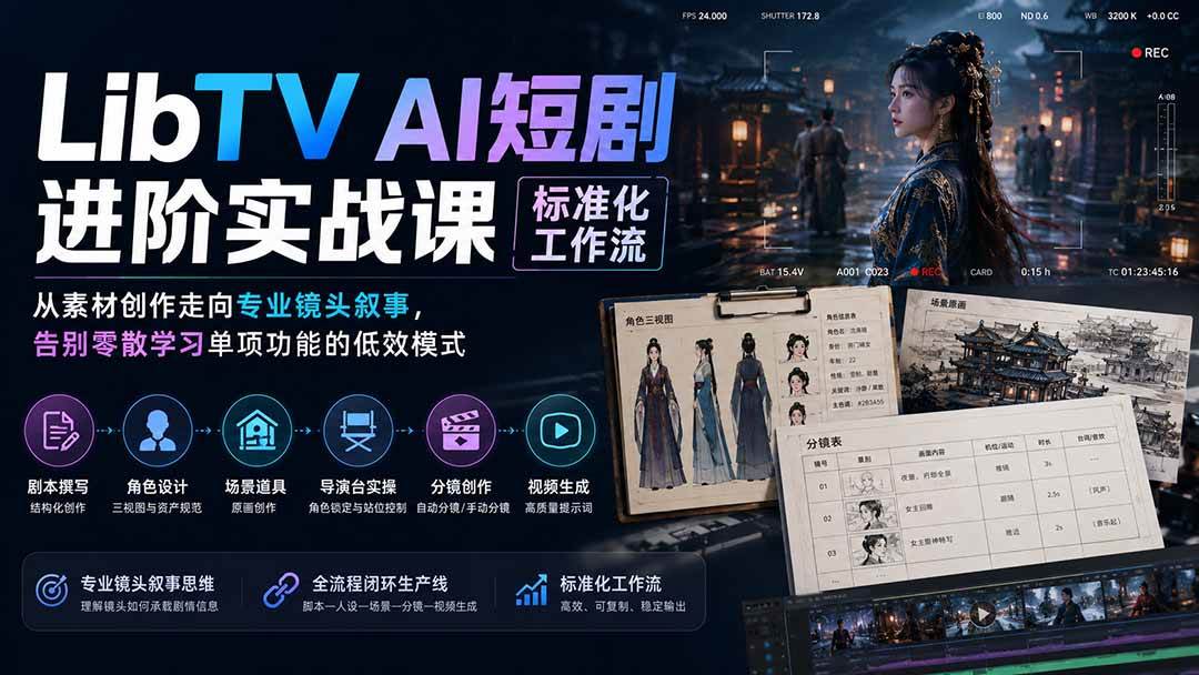 （19836期）LibTV AI短剧进阶实操课标准化工作流；从素材创作走向专业镜头叙事，告别零散学习单项功能的低效模式-洛柒笔记