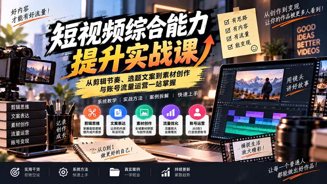 （20599期）短视频综合能力提升实战课：从剪辑节奏、选题文案到素材创作与账号流量运营一站掌握-洛柒笔记