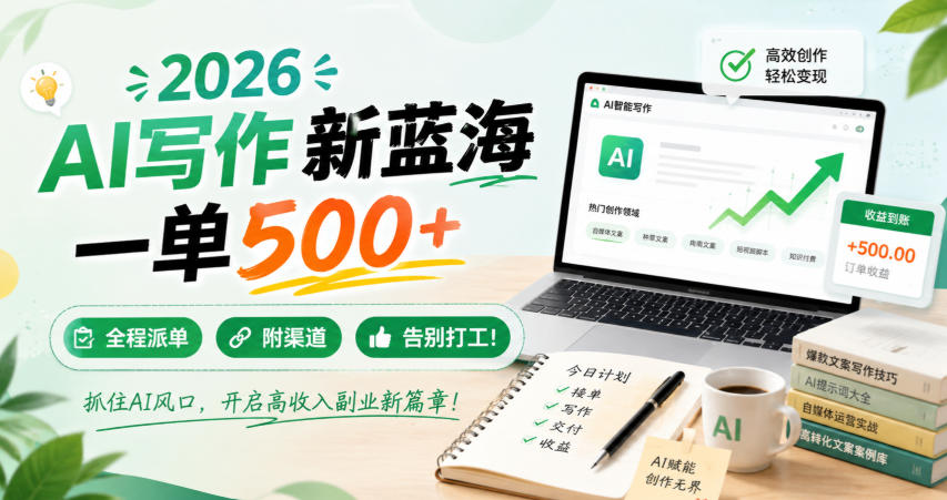 2026 AI写作新蓝海，一单500+，全程派单，附渠道，告别打工！【揭秘】-洛柒笔记