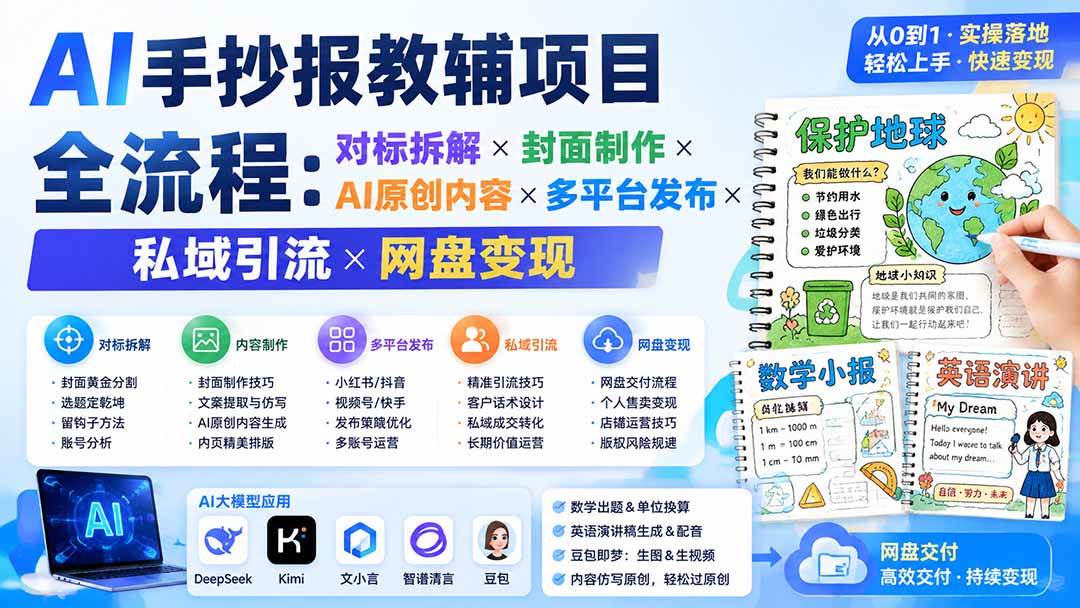 （19785期）AI手抄报教辅项目全流程：对标拆解×封面制作×AI原创内容×多平台发布×私域引流×网盘变现-洛柒笔记