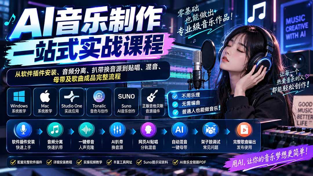 （20490期）AI音乐制作一站式实战课程：从软件插件安装、音频分离、扒带换音源到贴唱、混音、母带及歌曲成品完整流程-洛柒笔记