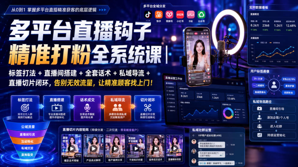 多平台直播钩子精准打粉全系统课｜标签打法+直播间搭建+全套话术+私域导流+直播切片闭环，告别无效流量，让精准顾客找上门！-洛柒笔记