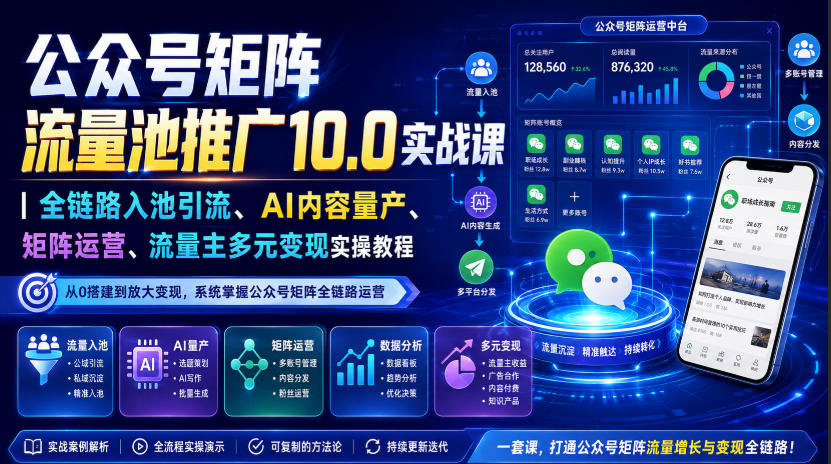 公众号矩阵流量池推广10.0实战课｜全链路入池引流、AI内容量产、矩阵运营、流量主多元变现实操教程-洛柒笔记