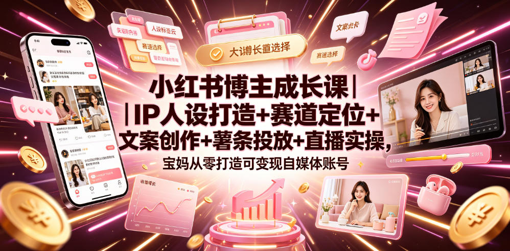 小红书博主成长课｜IP人设打造+赛道定位+文案创作+薯条投放+直播实操，宝妈从零打造可变现自媒体账号-洛柒笔记