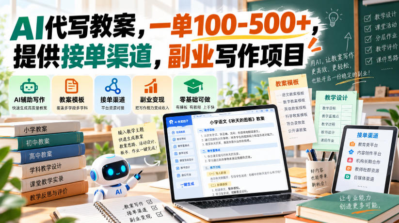 AI代写教案，一单100-500+，提供接单渠道，副业写作项目-洛柒笔记