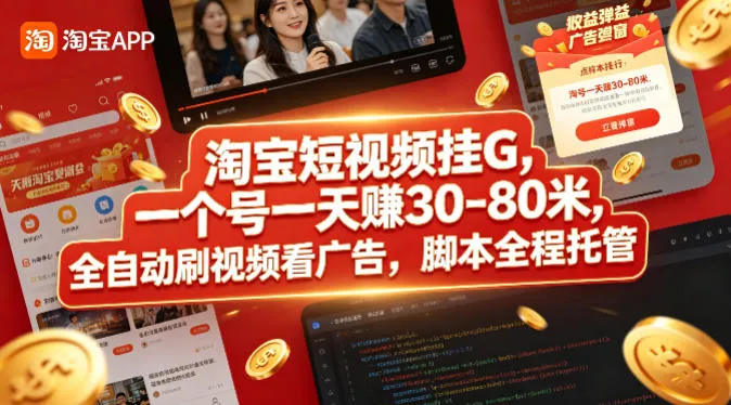 淘宝短视频挂G，一个号一天 賺30-80米，全自动刷视频看广告，脚本全程托管-洛柒笔记