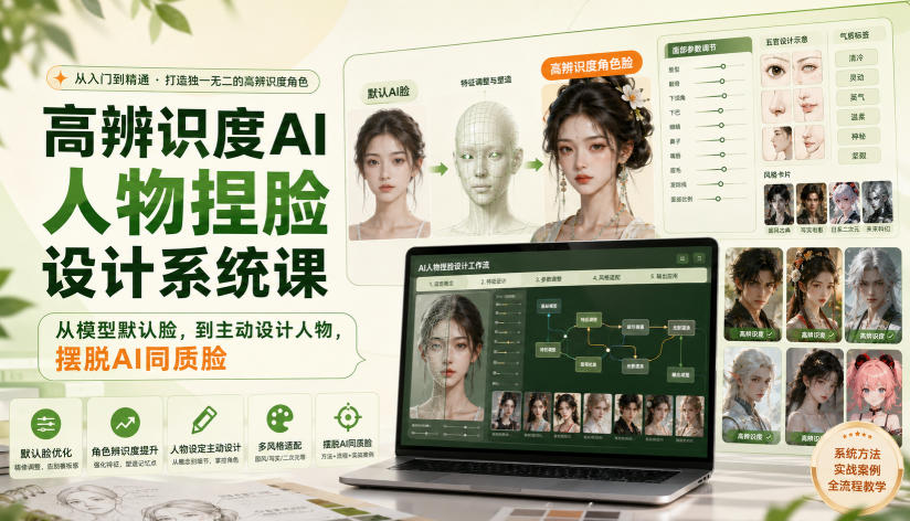 高辨识度AI人物捏脸设计系统课，从模型默认脸，到主动设计人物，摆脱AI同质脸-洛柒笔记