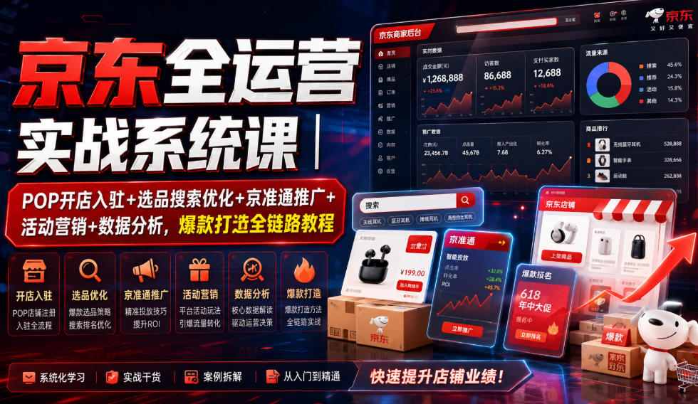 京东全运营实战系统课｜POP开店入驻+选品搜索优化+京准通推广+活动营销+数据分析，爆款打造全链路教程-洛柒笔记