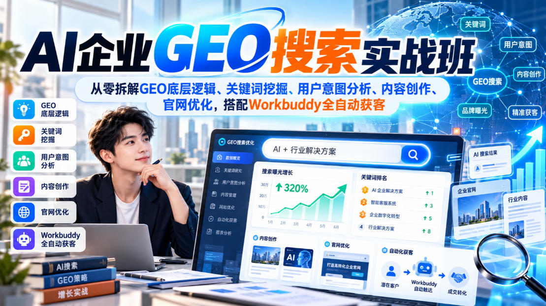 AI企业GEO搜索实战班，从零拆解GEO底层逻辑、关键词挖掘、用户意图分析、内容创作、官网优化，搭配Workbuddy全自动获客-洛柒笔记