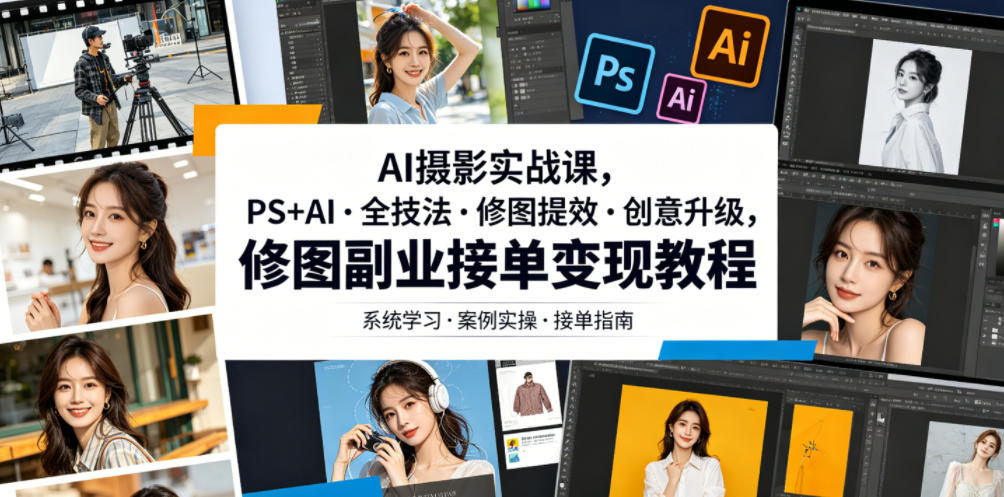 AI摄影实战课，PS+AI・全技法・修图提效・创意升级，修图副业接单变现教程-洛柒笔记