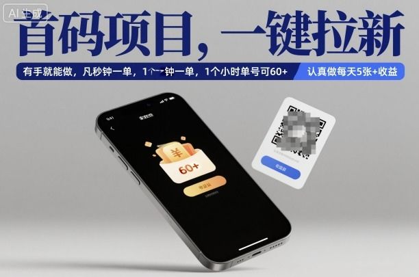 首码项目，一键拉新，有手就能做，几秒钟一单，1个小时单号可60+，认真做每天5张+收益-洛柒笔记