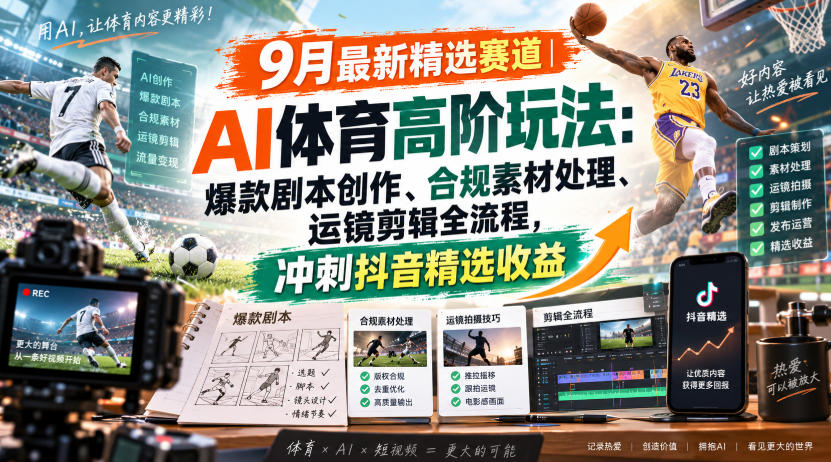 某大佬的9月最新精选赛道之AI体育顶级玩法，爆款剧本创作、版权规避、运镜剪辑全流程，稳拿抖音精选收益-洛柒笔记