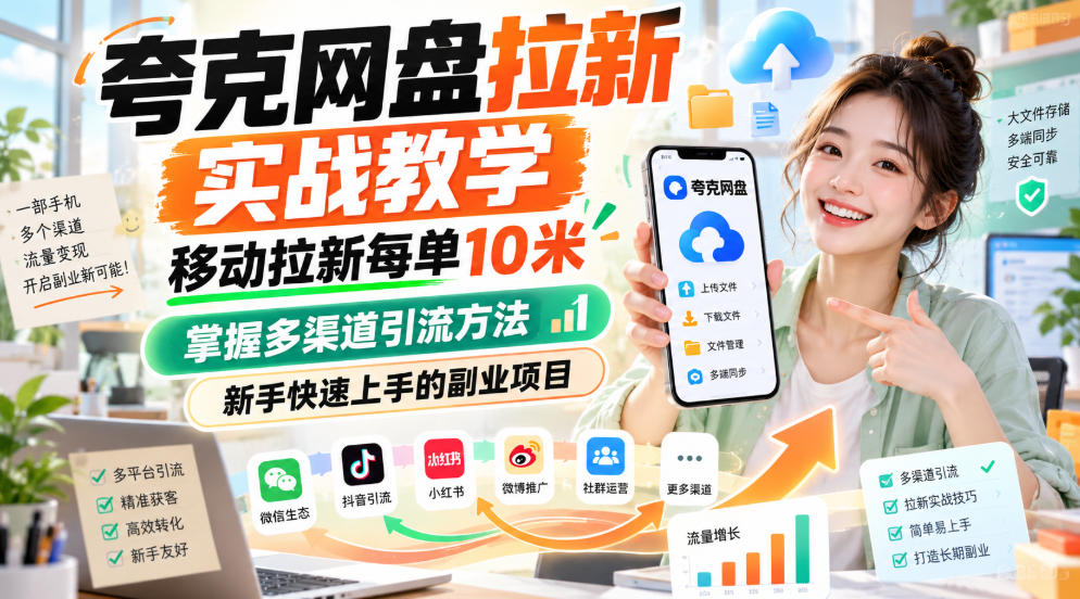 夸克网盘拉新实战教学，移动拉新每单10米，掌握多渠道引流方法，新手快速上手的副业项目（更新1017）-洛柒笔记