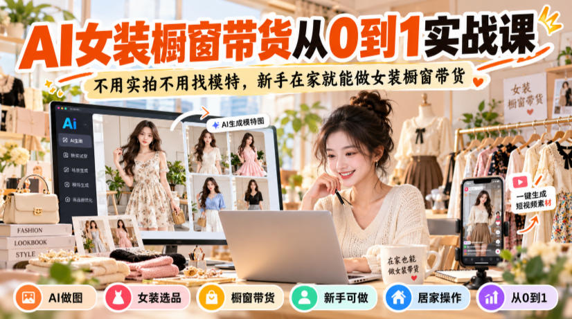 AI女装橱窗带货从0到1实战课，不用实拍不用找模特，新手在家就能做女装橱窗带货-洛柒笔记