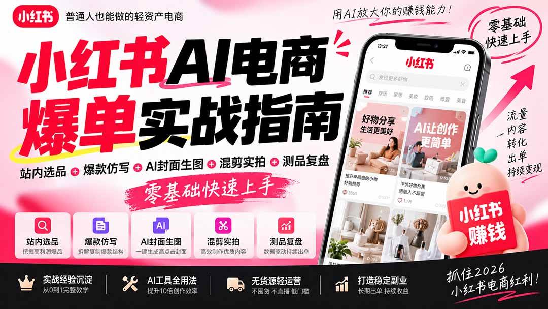（20516期）2026小红书AI电商爆单实战指南：站内选品+爆款仿写+AI封面生图+混剪实拍+测品复盘，零基础快速上手-洛柒笔记