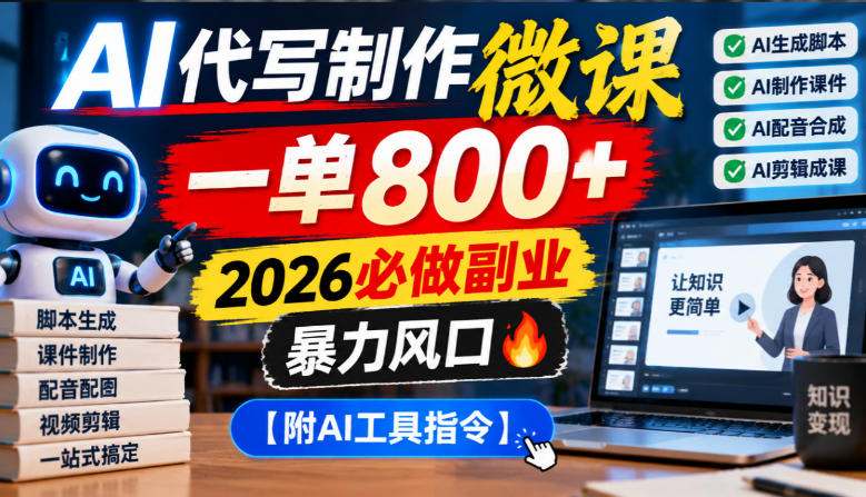 AI代写制作微课，一单800+，2026必做副业，暴力风口【附AI工具指令】【揭秘】-洛柒笔记