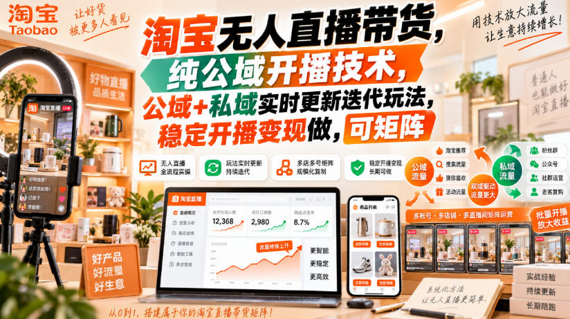 淘宝无人直播带货，纯公域开播技术，公域+私域实时更新迭代玩法，稳定开播变现做，可矩阵【揭秘】-洛柒笔记