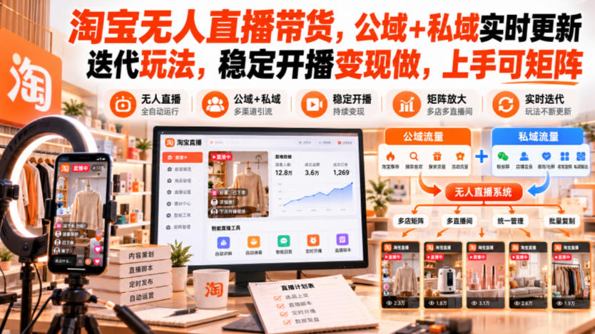 淘宝无人直播带货，公域+私域实时更新迭代玩法，稳定开播变现做，上手可矩阵【揭秘】-洛柒笔记