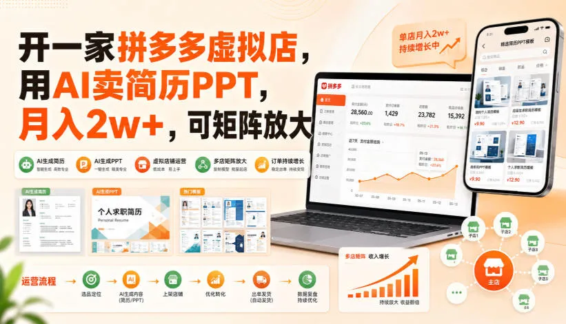 开一家拼多多虚拟店，用AI卖简历PPT，月入2w+，可矩阵放大-洛柒笔记