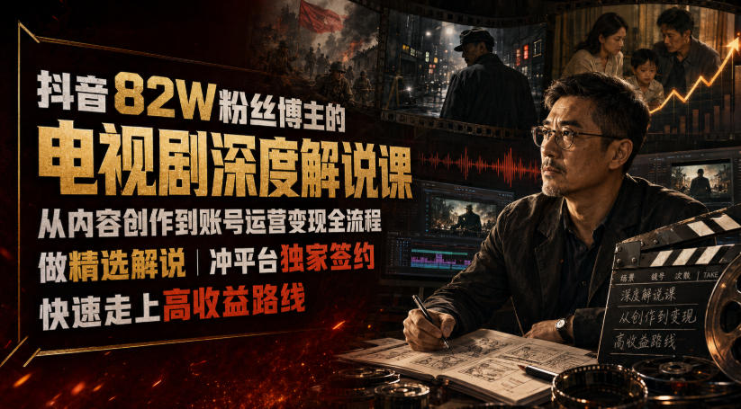 抖音82W粉丝博主的电视剧深度解说课，从内容创作到账号运营变现全流程，做精选解说，冲平台独家签约，快速走上高收益路线-洛柒笔记