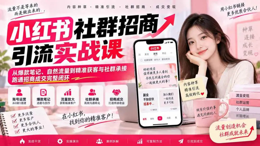 小红书社群招商引流实战课-无水印：从爆款笔记、自然流量到精准获客与社群承接，跑通招商成交完整闭环-洛柒笔记