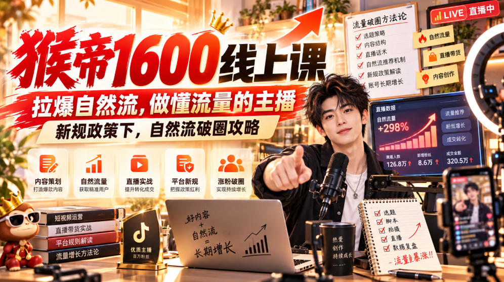 猴帝1600线上课，拉爆自然流，做懂流量的主播，新规政策下，自然流破圈攻略【更新260926】-洛柒笔记