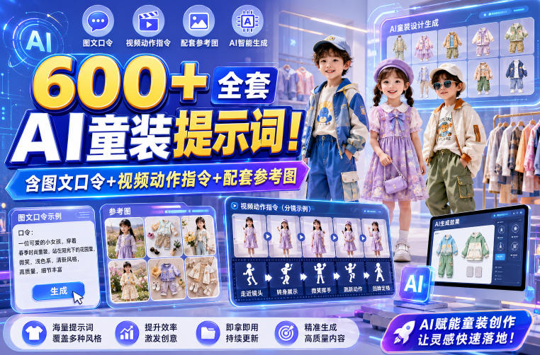 600+全套AI童装提示词！含图文口令+视频动作指令+配套参考图，Word-Excel规整分类，童装电商、种草无脑量产内容！-洛柒笔记