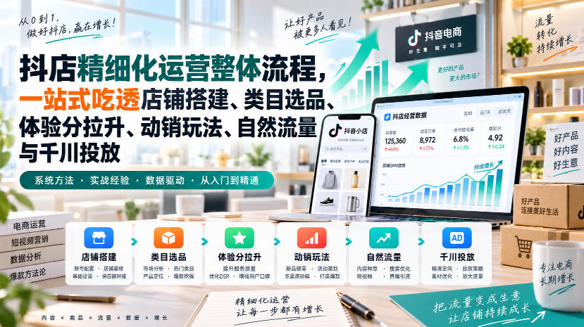 李哥电商-抖店精细化运营整体流程，一站式吃透店铺搭建、类目选品、体验分拉升、动销玩法、自然流量与千川投放-洛柒笔记