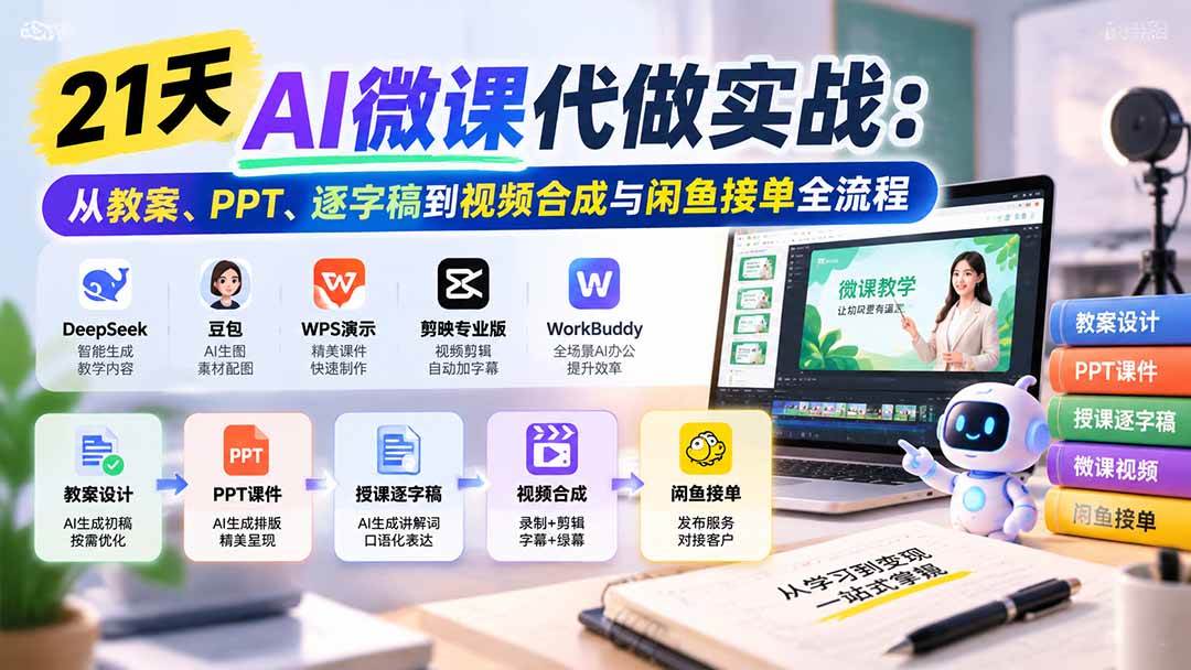 （21065期）21天AI微课代做实战：从教案、PPT、逐字稿到视频合成与闲鱼接单全流程-洛柒笔记