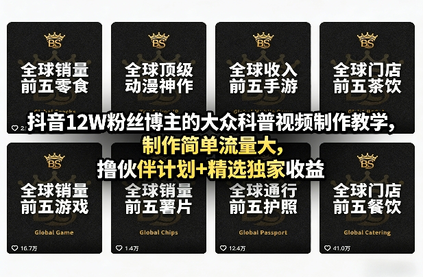 抖音12W粉丝博主的大众科普视频制作教学，制作简单流量大，撸伙伴计划+精选独家收益-洛柒笔记