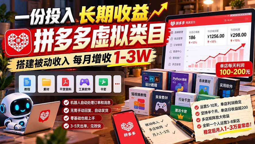 （21166期）一份投入长期收益，拼多多虚拟类目，搭建被动收入每月增收 1-3W-洛柒笔记