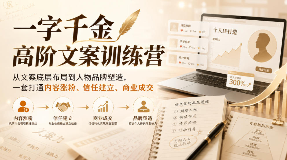 一字千金高阶文案训练营，从文案底层布局到人物品牌塑造，一套打通内容涨粉、信任建立、商业成交-洛柒笔记