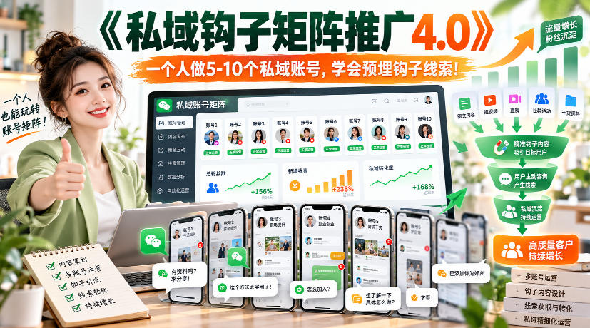【无水印】《私域钩子矩阵推广4.0》一个人做5-10个私域账号，学会预埋钩子线索！-洛柒笔记