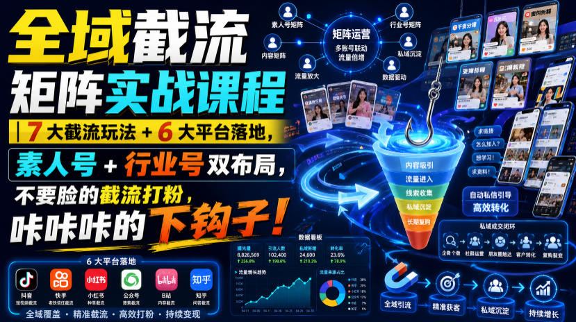 全域截流矩阵实战课程｜7大截流玩法+6大平台落地，素人号+行业号双布局，不要脸的截流打粉，咔咔咔的下钩子！-洛柒笔记