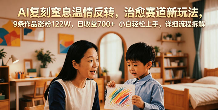 AI复刻窒息温情反转，治愈赛道新玩法，9条作品涨粉122W，日收益700+ 小白轻松上手，详细流程拆解-洛柒笔记