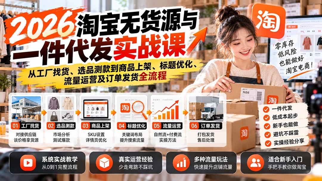 （20903期）2026淘宝无货源与一件代发实战课：从工厂找货、选品测款到商品上架、标题优化、流量运营及订单发货全流程-洛柒笔记