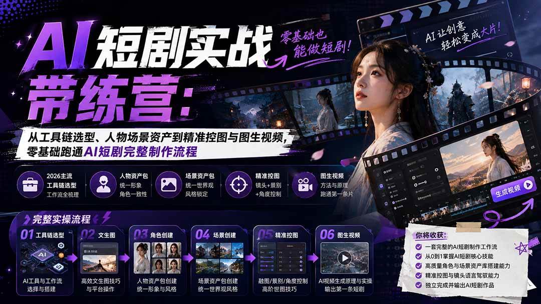 （20064期）AI短剧实战训练营：从工具链选型、人物场景资产到精准控图与图生视频，零基础跑通AI短剧完整制作流程-洛柒笔记