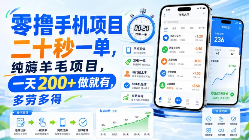 零撸手机项目，二十秒一单，纯薅羊毛项目，一天200+做就有，多劳多得-洛柒笔记