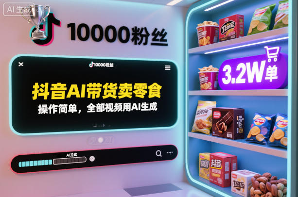 抖音AI带货卖零食，操作简单，全部视频用AI生成，一万粉丝，卖了3.2W单-洛柒笔记