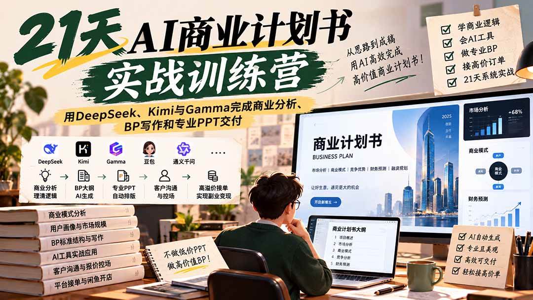 （20637期）【无水印】21天AI商业计划书实战训练营：用DeepSeek、Kimi与Gamma完成商业分析、BP写作和专业PPT交付-洛柒笔记