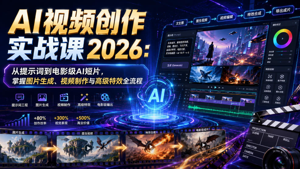 AI视频创作实战课2026：从提示词到电影级AI短片，掌握图片生成、视频制作与高级特效全流程-洛柒笔记