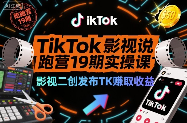 TikTok影视解说陪跑营19期实操课，影视二创发布TK賺取收益，万播收益50美金-洛柒笔记
