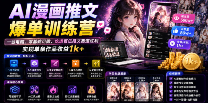 AI漫画推文爆单训练营，一台电脑，零基础可做，吃透百亿推文赛道红利，实现单条作品收益1k+（更新0705）-洛柒笔记