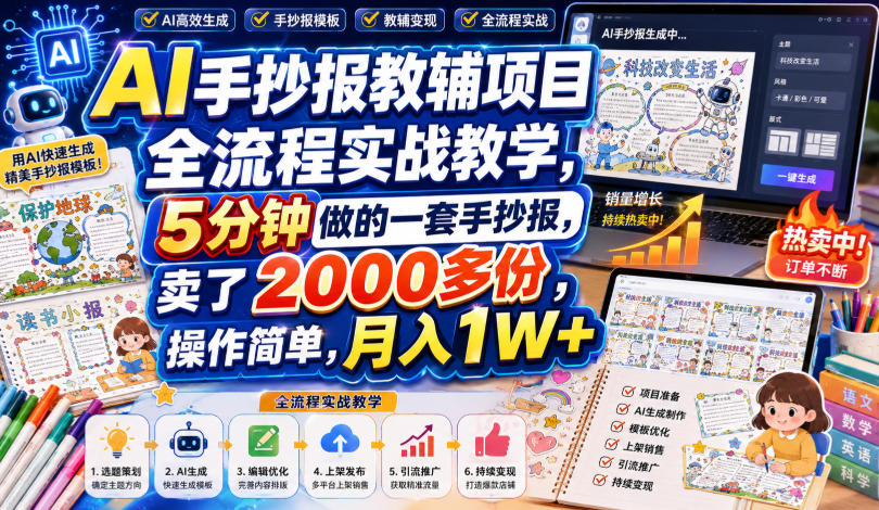 AI手抄报教辅项目全流程实战教学，5分钟做的一套手抄报，卖了2000多份，操作简单，月入1W+-洛柒笔记