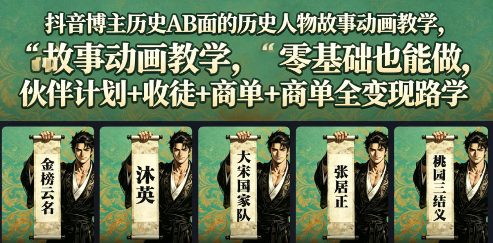 抖音博主历史AB面的历史人物故事动画教学，零基础也能做，伙伴计划+收徒+商单全变现路径教学-洛柒笔记