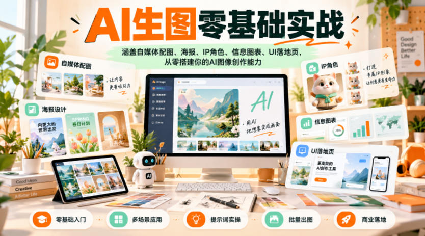 AI生图零基础实战，涵盖自媒体配图、海报、IP角色、信息图表、UI落地页，从零搭建你的AI图像创作能力-洛柒笔记