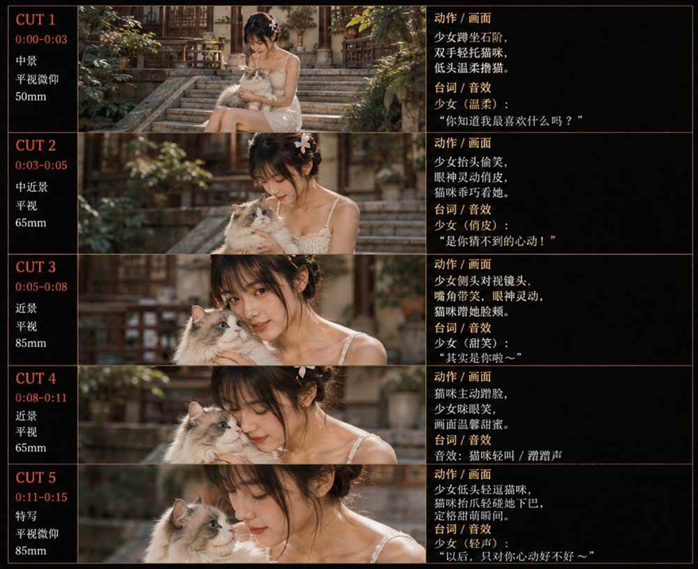 （18909期）美女和猫故事提示词，人物一致性提示词+故事板-洛柒笔记