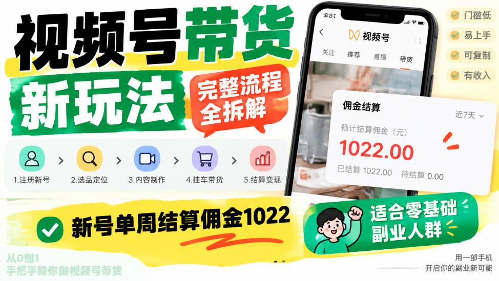 视频号带货新玩法，完整流程全拆解，新号单周结算佣金1k，适合零基础副业人群-洛柒笔记