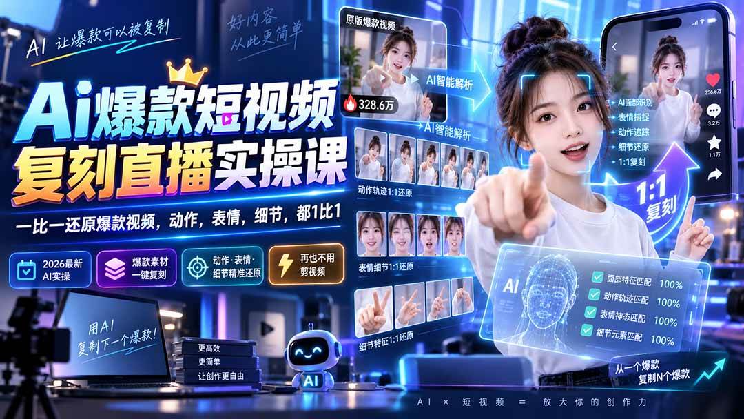 （20304期）最新Ai爆款短视频复刻直播实操课，一比一还原爆款视频，动作，表情，细节，都1比1-洛柒笔记
