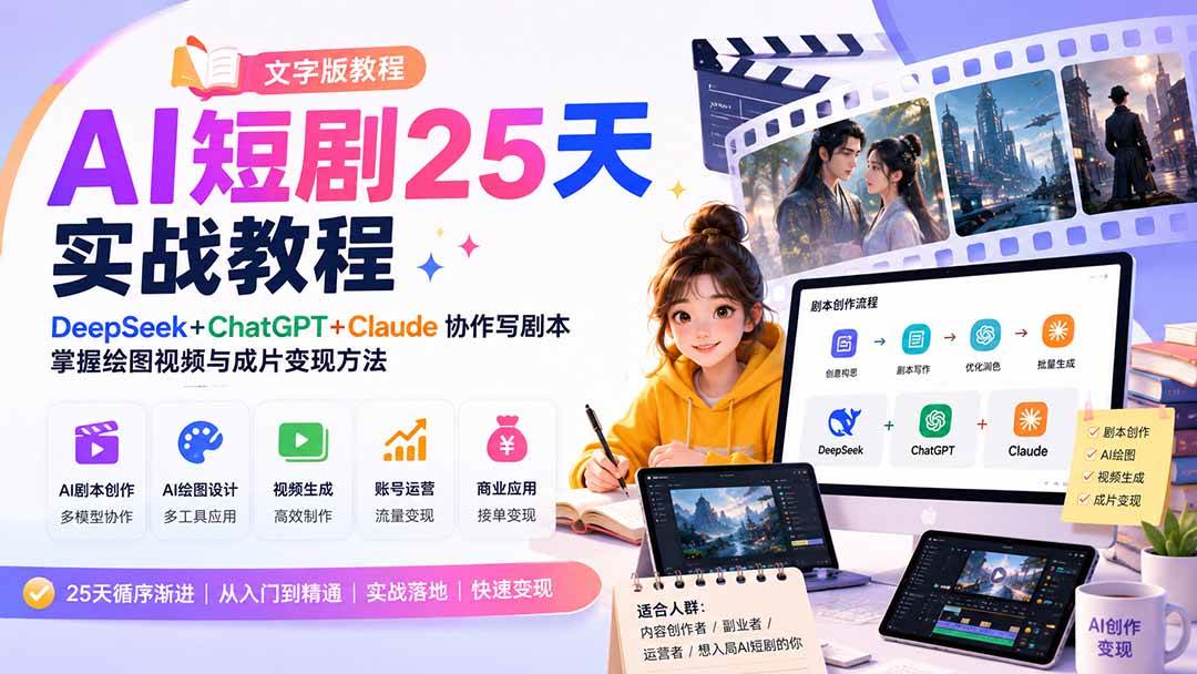 （20225期）AI短剧25天实战教程（文字版教程）：DeepSeek+ChatGPT+Claude协作写剧本，掌握绘图视频与成片变现方法-洛柒笔记